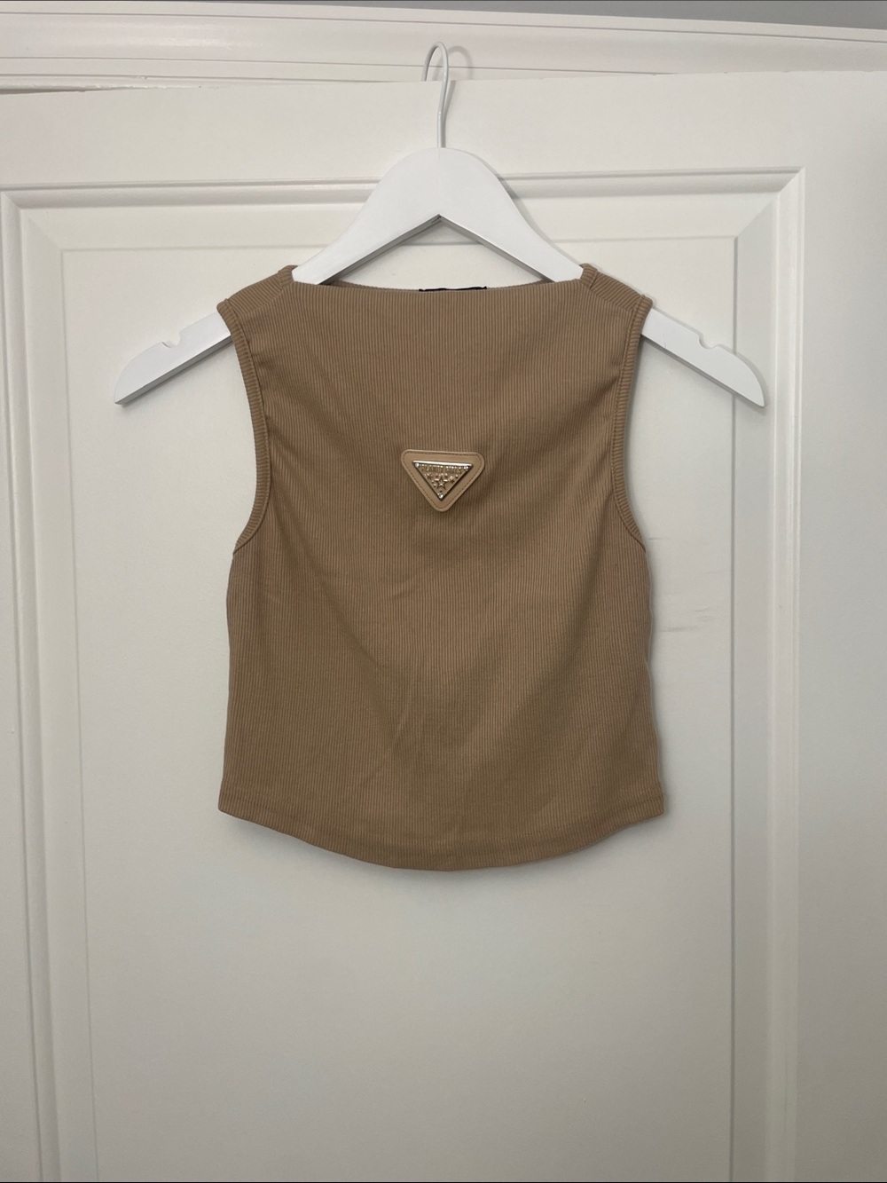 Triangle Logo, Ribbed, Cropped Tank Top in Tan